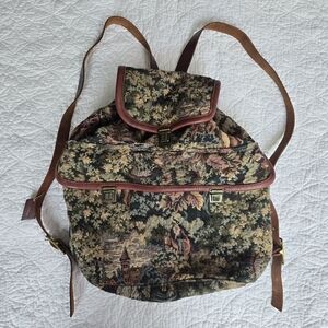 Vintage 80s Corinne Farber Equestrian Horse Tapestry Leather Boho Bag Backpack